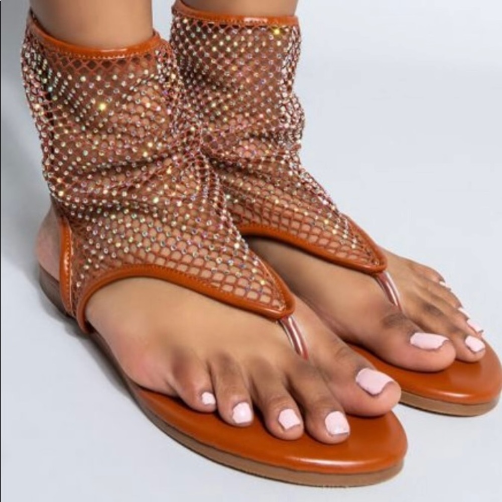 AZALEA WANG - Flat Mesh Flip-flops Rhinestone Sandals - Picture 2 of 9